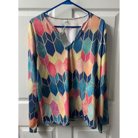 Exclusive Geometric Top Womens XL Multi Colored V Neck Long Sleeved Pullover NWT - Picture 1 of 7